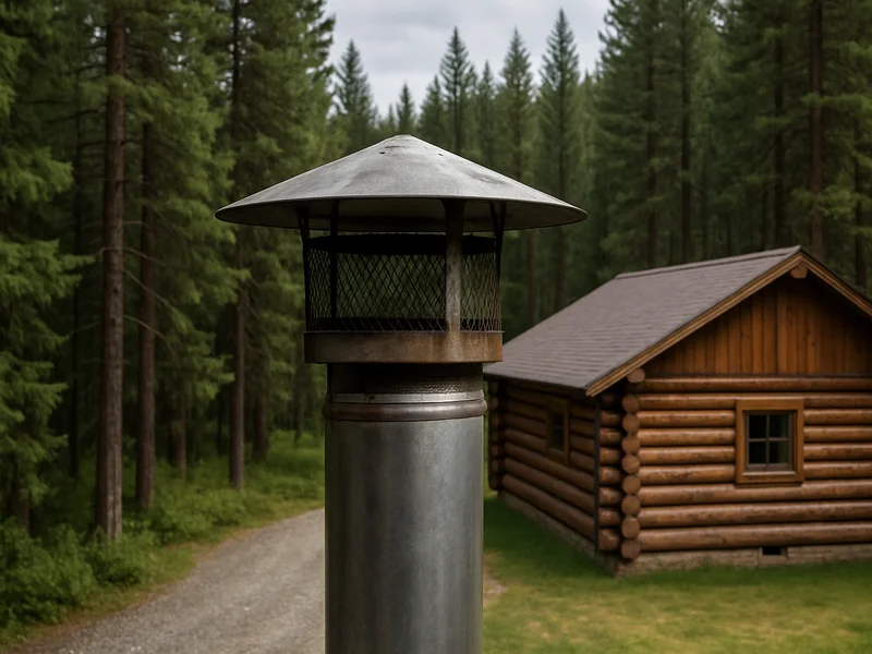 Spark arrestor cap on a log home at the forest edge, Bayfield, CO